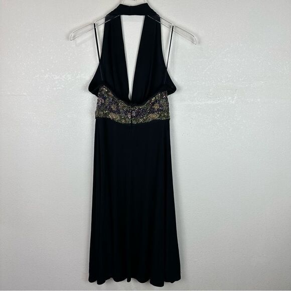 MaxMara Black Beaded Halter Little Black Dress Midi Swing Size 38 - Picture 7 of 10